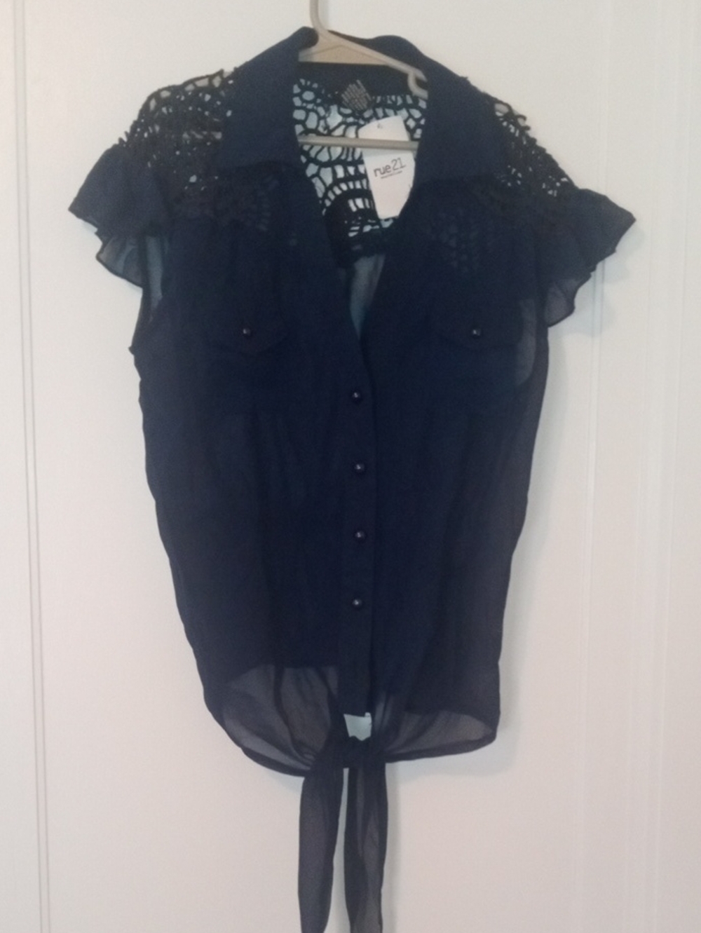 NWT small sheer navy blue top with crocher accent shoulders